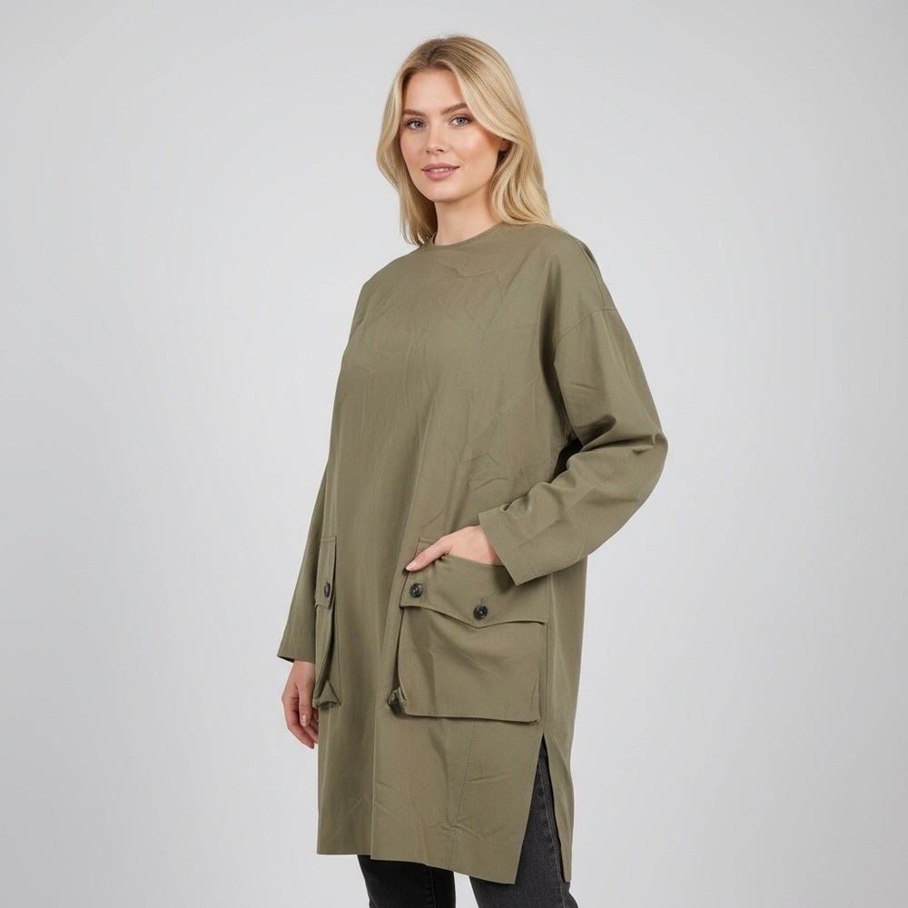 Petar Petrov Back-Button Oversized Shirt Dress/Tunic Khaki Olive - Size Medium